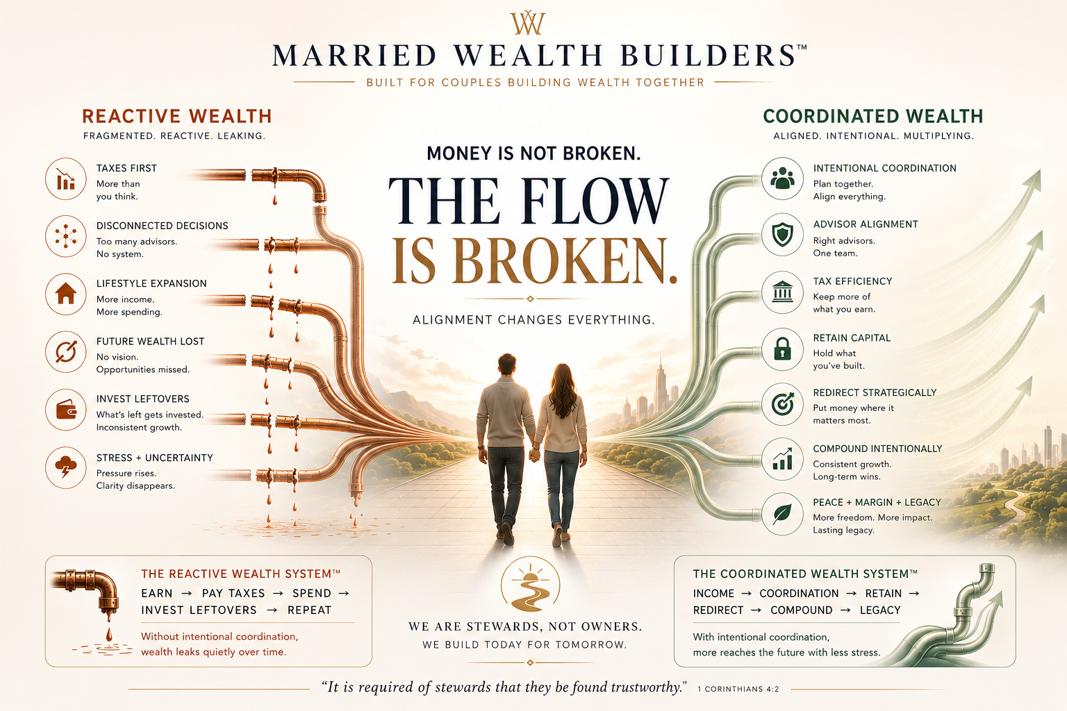 The Flow Is Broken — visual manifesto. On the left, copper pipes leak away under Reactive Wealth. On the right, emerald pipes flow upward under Coordinated Wealth. A couple walks together toward the horizon between the two.