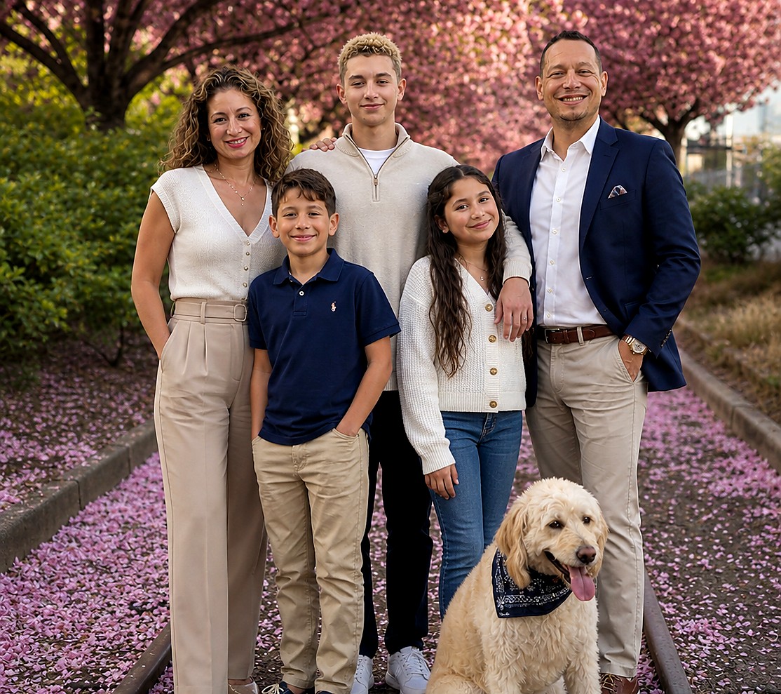 The Rodriguez family — Eric, Haydee, their three children, and dog